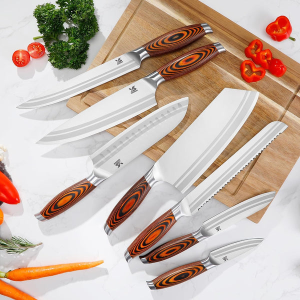 7-PCS Kitchen Knife Set, German Stainless Steel for Chef Knife Set with Pakkawood Handle, Perfect Cutlery Set Gift5