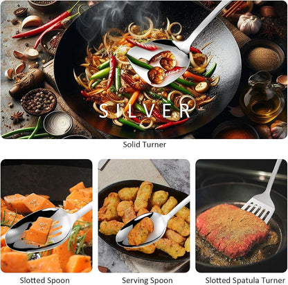 304 Stainless Steel Cooking Utensils Set,9Pcs Metal Kitchen Utensils Set with Wooden Handle,Solid Spoon,Spatula,Ladle,Skimmer Spoon,Spaghetti Spoon,Dishwasher Safe7