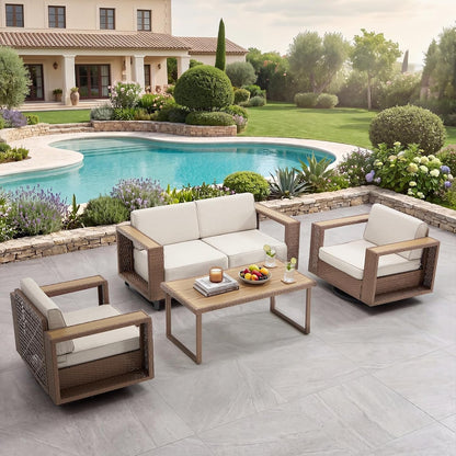 4 Piece Patio Furniture Set, 360° Swivel Wicker Chairs Set of 2 with Rattan Side Table and Loveseat Couch, Outdoor Patio Furniture with Extra-Thick Soft Cushions for Porch, Garden Poolside1