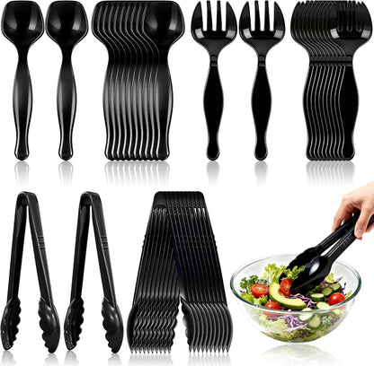 36Pcs Disposable Plastic Serving Utensils Set, 12 Black Spoons, 12 Forks, 12 Tongs, 9-Inch for Party Buffet Catering Events, Heavy Duty and Ergonomic Design1