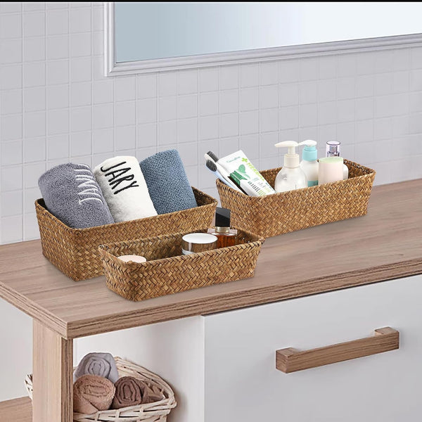 3 Natural Wicker Basket Set Rectangular Seagrass Basket, Caramel3