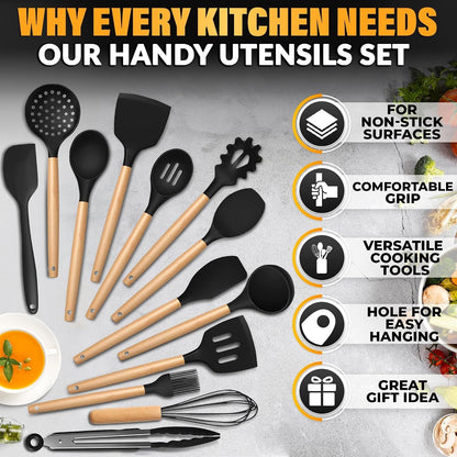 14 Pcs Kitchen Utensils Set with Holder, Beech Handles (Black)9