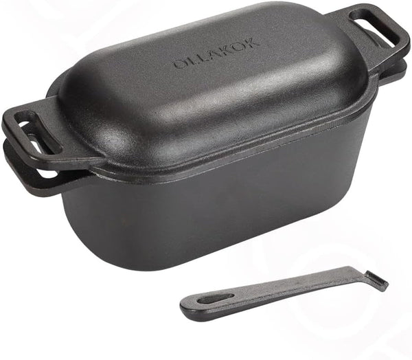 2-In-1 Pre-Seasoned Cast Iron Dutch Oven Pot with Lid as Skillet, Grill Pan, with Lid Lever, Dual Loop Handles, Oval Heavy Dutch Oven for Bread Baking, Frying, Camping, BBQ, 3.8 QT Black1