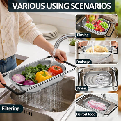 Over the Sink Colander - Strainers and Colanders - Sink Strainer Basket - Expandable Fine Mesh Strainer with Rubber Grip for Veggie, Fruits, Pasta, Home Kitchen Essentials (9.5W X 13.4-21.3L X 3.3H)2