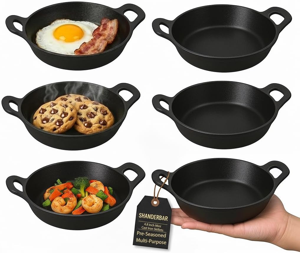 set-of-6-mini-cast-iron-skillets-with-handle-4-8-x-4-8-x-1-3-inch-small-cast-iron-pan-mini-ramekins-round-black-casserole-dish-for-food-serving-frying-baking-cooking-roasting