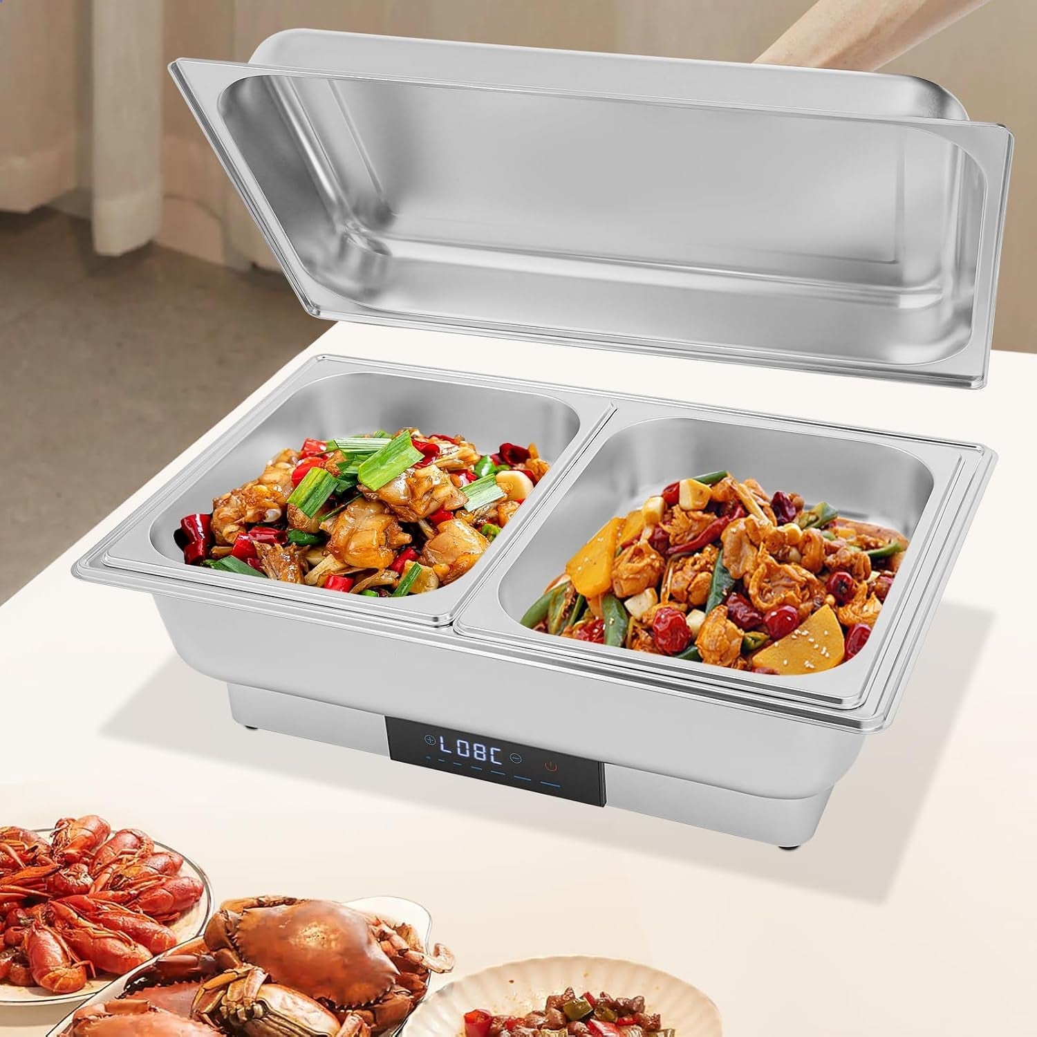 9l-2-compartment-electric-chafing-dish-110v-buffet-food-warmer-600w-stainless-steel-electric-food-heating-tray-with-touchscreen-temperature-control-for-catering-banquet-party-and-home-use