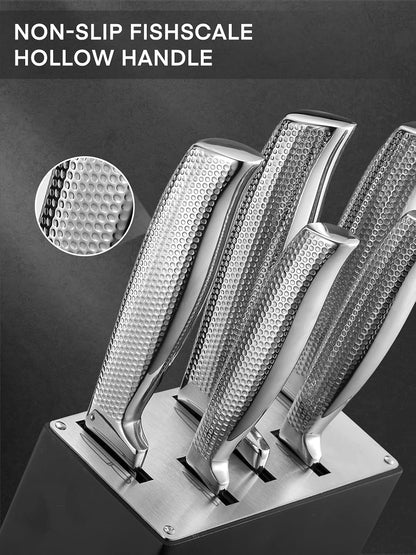 Knife Set,  7 Pieces Kitchen Knife Set with Built-In 5 X Sharpeners, Waved Texture Knife Set with Block, Stainless Steel Knife Block Set, Sharp Knives Set with Ergonomic Handle5