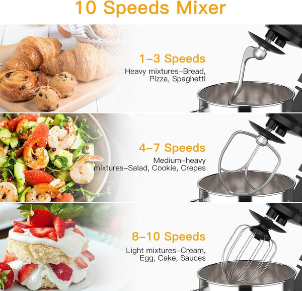 Stand Mixer Dough Mixer 7QT 660W 10-Speed Tilt-Head Dough Mixer, Electric Kitchen Mixer with Stainless Bowl, Hook, Whisk, Beater & Splash Guard, Black (Black)4
