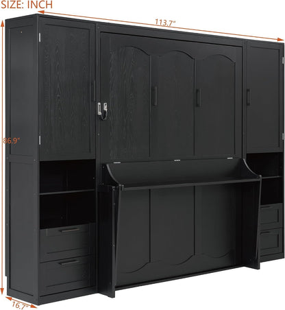 Queen Murphy Bed with Side Wardrobes & Drawers, Queen Size Wall Bed Frame, Multi-Functional Hidden Fold down Cabinet Bed with Clothing Hanging Rods & Open Shelves, Black4