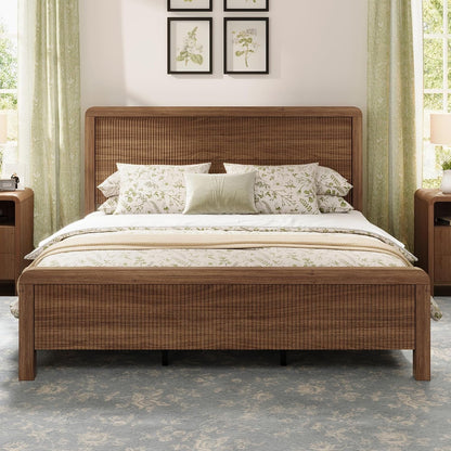Queen Wood Bed Frame with Fluted Headboard & Footboard, Walnut1