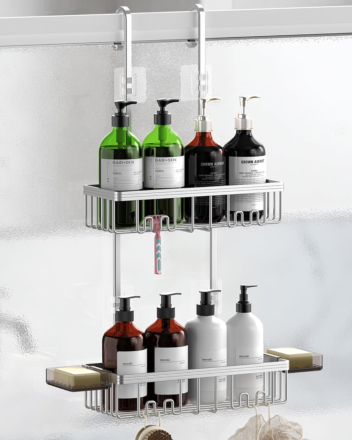 over-the-door-shower-caddy-hanging-with-double-soap-holder-never-rust-aluminum-shower-shelf-with-4-hooks-hanging-bathroom-organizer-no-drilling-shelves-for-bathroom-storage-silver