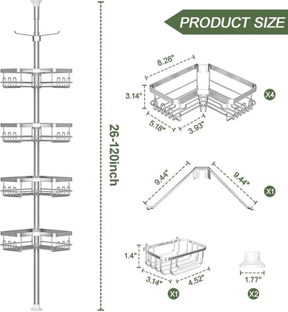 Corner Shower Caddy Tension Pole 4 Tier Rustproof Bathroom Organizer Shelves for inside Shower Bathtub Shampoo Storage,26 to 120 Adjustable Standing Rack with Towel Rack2