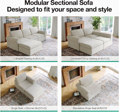 108" Modular Sectional Sofa, Modular Sectional Couches for Living Room Bedroom, Chenille Removable Cover Cloud Couch with Smarts Coil® Support L-Shaped Couch(Beige, 3 Seater + 1 Ottoman)18