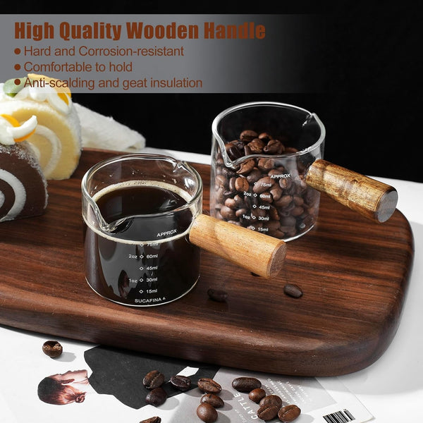 2 Pack Espresso Cups with Wood Handle, 75ML Double Spout Glass Measuring Cup with Dual Scale, Espresso Shot with V-Shaped Mouth, Clear Glass Espresso Accessories, Milk Frothing Pitcher6