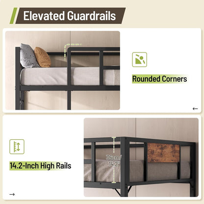Twin Size Loft Bed with L-Shaped Desk, 3 Storage Drawers, Charging Station, Metal Kids Loft Bed Frame with LED Light & Ladder, Open Storage Shelves, No Box Spring Needed, Rustic Brown & Black7