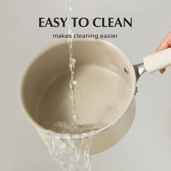 Ceramic Nonstick Saucepan with Lid, 1.5QT Small Cooking Pot, Non Toxic Sauce Pans for Kitchen, Cool Handle PFAS Free Compatible with All Cooktops, White3