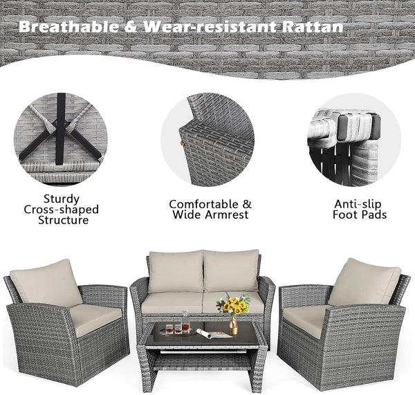 4 Pieces Conversation Set Outdoor Patio Rattan Furniture Set with Cushions and Coffee Table, Sectional Wicker Sofa Set for Garden Porch Balcony Poolside8