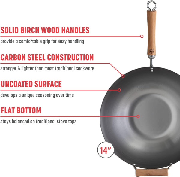 JOYCE CHEN Classic Series 14-Inch Carbon Steel Wok with Birch Handles2