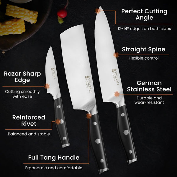 3-Piece Kitchen Knife Set – Includes 8” Chef Knife, 7” Nakiri, 3.5” Paring – High Carbon German Stainless Steel Blades, Ergonomic Handle – Versatile Knife Trio for Chopping, Dicing, and Slicing3