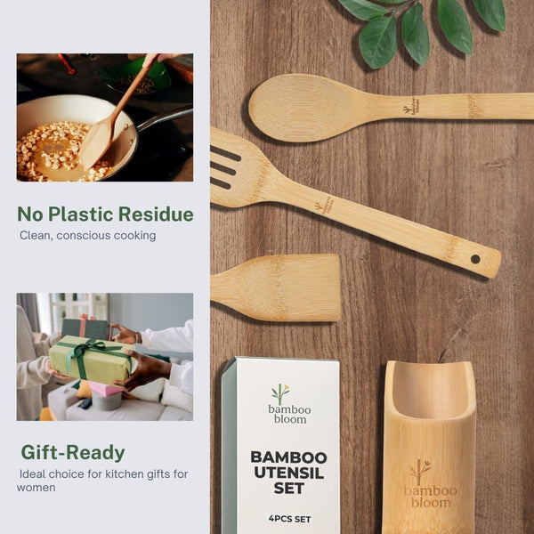 4 Piece Kitchen Utensils Set - Bamboo Cooking Utensils with Comfort Grip, Including Utensil Holder, Bamboo Spoons, Shovels & Spatulas | Wooden Utensil Set for Non-Stick Pans, Kitchen Essentials5