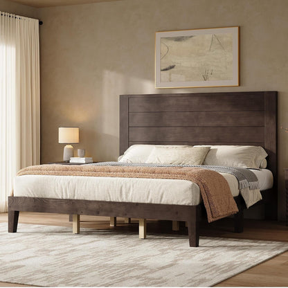King Size Solid Wood Bed Frame with 48" Headboard Design, Walnut3