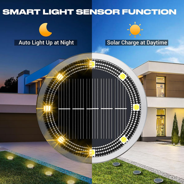 Solar Lights Outdoor Waterproof -12 Pack Solar Ground Lights Anti-Rust, Flat Solar Powered Disc Lights Landscape Lighting for Deck Step Patio Yard Pathway Walkway Driveway Garden, Warm White2