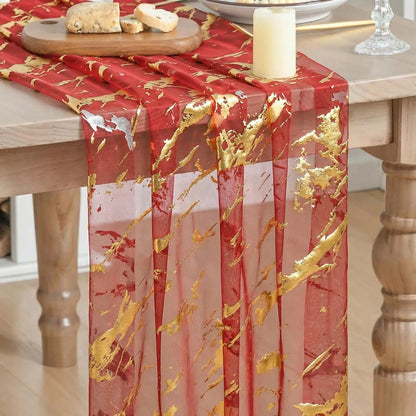 Marble Pattern Red Gauze Table Runner 10FT, Glitter Metallic Foil Sheer Dining Wedding Anniversary Birthday Table Decor for Home Party1