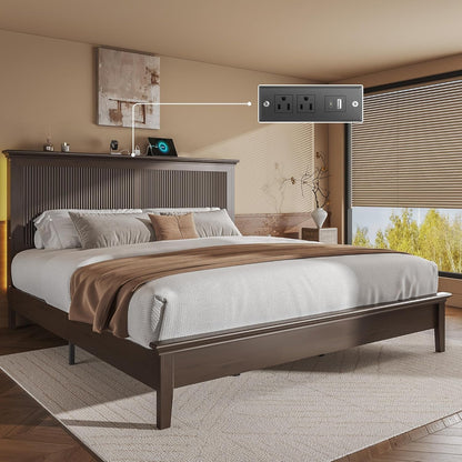 King Bed Frame with Headboard, Solid Wood Bed Frame King Size with Charging Station & RGB LED, Wood Slats Support, Noise-Free, Sturdy Structure, Easy Assembly, Walnut1