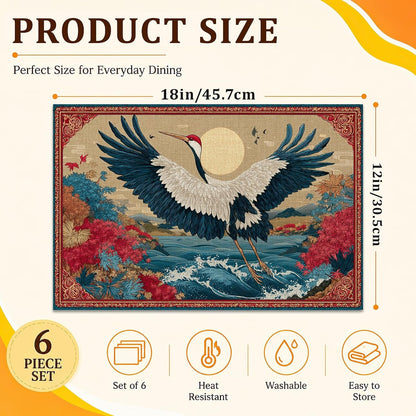 Place Mats Set of 6, Japanese Crane Ocean Wave Linen Table Mats 12 X 18 Inch, Washable Waterproof Stain Resistant Heat Resistant Placemats for Dining Table, Kitchen Dining Room Decor2