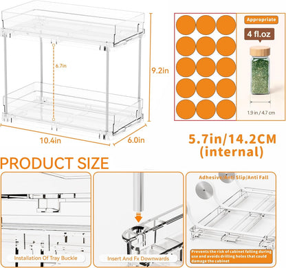 2 Pack 2 Tier Vertical Spice Rack Pull Out,10.4'' Deep Narrow Slide Out Spice Rack Organizer for inside Cabinets,Kitchen,Pantry,Cupboard Seasoning,Can,Jar Organizer and Medicine Cabinet Storage2