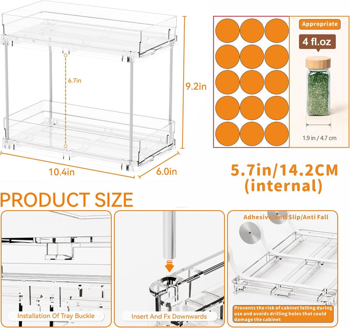 2 Pack 2 Tier Vertical Spice Rack Pull Out,10.4'' Deep Narrow Slide Out Spice Rack Organizer for inside Cabinets,Kitchen,Pantry,Cupboard Seasoning,Can,Jar Organizer and Medicine Cabinet Storage+2
