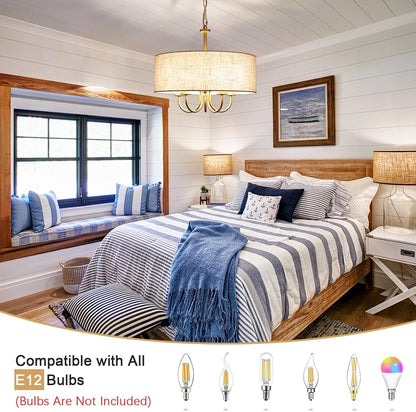 5 Lights Drum Chandelier Gold Farmhouse Chandelier with Shades 19" Large Pendant Light Fixtures Hanging Brass round Chandeliers for Bedroom Dining Room over Table Living Room Foyer Kitchen Island6