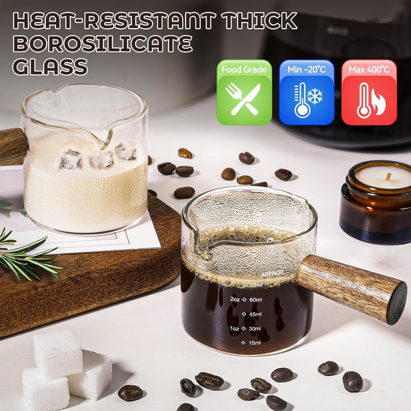 2 Pack Espresso Shot Cups Measuring Cups, 4 FL OZ Wooden Handle V-Shaped Double Spout Espresso Shot Glass, Coffee Bar Essentials, Coffee Accessories4