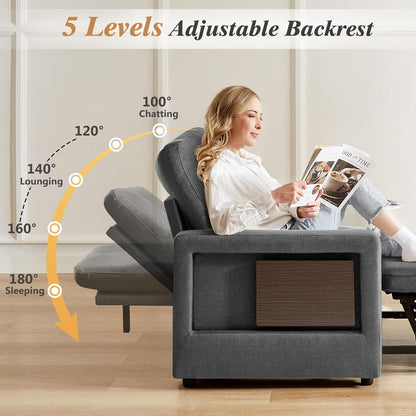 42.5" Sleeper Chair Bed, 3-In-1 Convertible Reclining Sofa Chair with Pull Out Couch Bed, Adjustable Backrest, Side Pockets, Cup Holder, USB Ports & Wing Table, Premium Dark Gray3