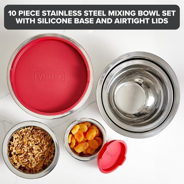 Viking Mixing Bowls Set, 10 Piece Stainless Steel Kitchen Cookware, Non-Slip Silicone Base, Includes Tight Fit Lids, Dishwasher Safe, Red2
