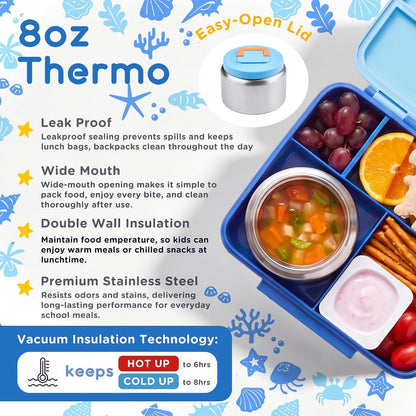 Bento Lunch Box for Kids with 8Oz Soup Thermo Leak-Proof Lunch Food Containers with Snack Sauce Container for Kid Girls Boys to School,Blue Bag4