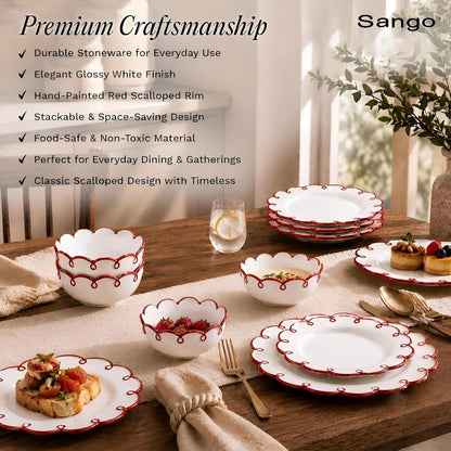 12-Piece Stoneware Dinnerware Set for 4, Glossy White Plates and Bowls Sets with Red Scalloped Rims, Premium Dish Set, Dishes for Hosting Parties, Birthday & Wedding Gifts, Splash of Cheers3