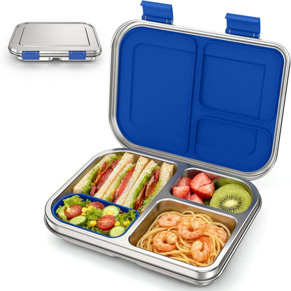 Stainless Steel Bento Box Kids, 3 Compartments Leak Proof Metal Bento Lunch Box, 304 Stainless Steel Bento Lunch Containers for School and Office,Dishwasher Safe, Bpa-Free-Blue1