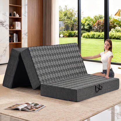 Tri Folding Mattress Queen Size - 6 Inch Dual-Layer Memory Foam Foldable Mattress Portable Floor Bed Sofa with Removable Washable Cover, Handle & Non-Slip Bottom for Travel,Rv,Camping,Guest,Yoga,Black1
