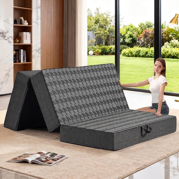 Tri Folding Mattress Queen Size - 6 Inch Dual-Layer Memory Foam Foldable Mattress Portable Floor Bed Sofa with Removable Washable Cover, Handle & Non-Slip Bottom for Travel,Rv,Camping,Guest,Yoga,Black1