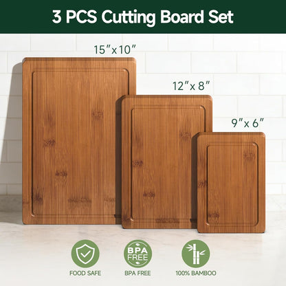 3-Piece Set Deep-Carbonized Bamboo Cutting Board for Kitchen, Carbonized | Crack-Resistant Wood Chopping Boards with Deep Juice Grooves, Pre-Oiled Butcher Block for Meat, Vegetables & Cheese2