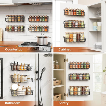 5 Pack Spice Rack Seasoning Organizer Wall Mount, Screw or Adhesive Hanging Shelf Basket Spice Organizer Shelf for Kitchen, Black6