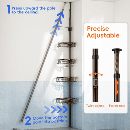 Corner Shower Caddy Tension Pole - 62-115 INCH - 4-Tier Rustproof Bathroom Organizer Shelves, Adjustable Bathtub Tub Shampoo Storage, Bronze7