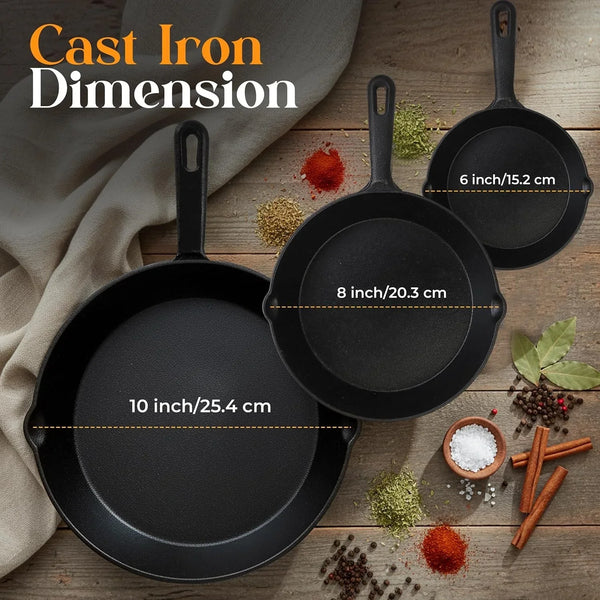 Cast Iron Skillet Set 3 Piece 6 8 10 Inch Pfas-Free Black | Chef Pan, Even Heat Distribution, Stovetop, Campfire and Grill Safe, Large Skillet Set, Indoor Outdoor Use4