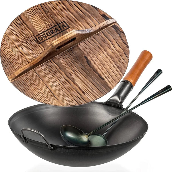 Carbon Steel Wok Pan - 14 “ with Cast Iron Wok Cover - Premium Wok Cover 14 Inch Pan Lid- Wooden Wok Lid 14 with Blue Carbon Steel 17-Inch Wok Spatula, Wok Ladle, 3 Pairs of Chopsticks1