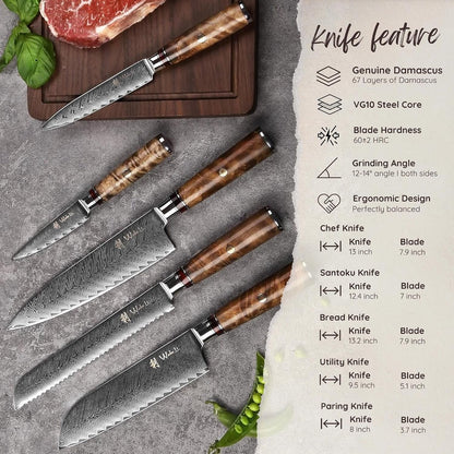 5-Piece Damascus Kitchen Knife Set with Magnetic Block, VG10 Core | Damascus Knife Set with Block: 67-Layer Damascus Steel, Sycamore Handles, Chef, Santoku, Bread, Utility and Paring Knives3