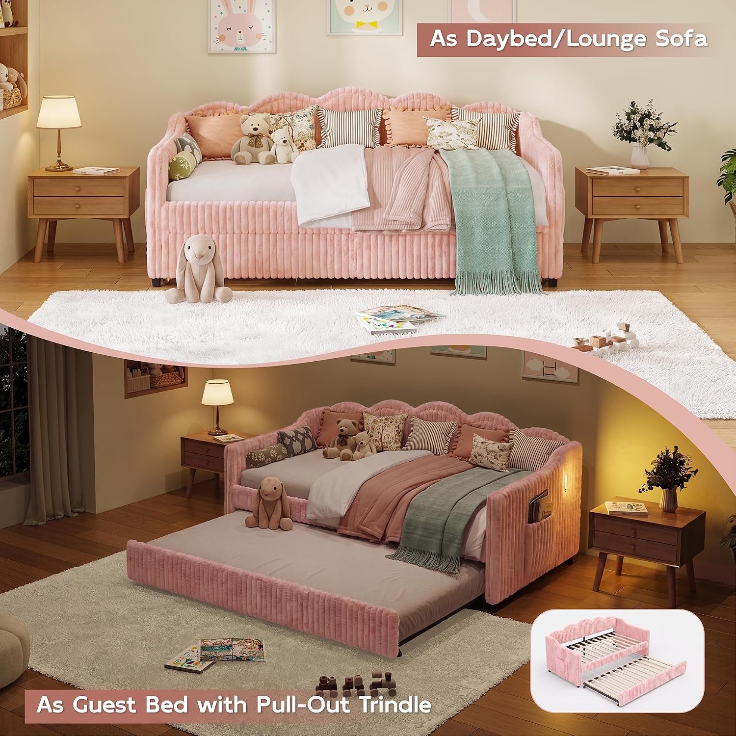 twin-size-faux-fur-upholstered-daybed-with-trundle-side-pockets-pink