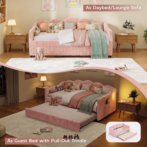 Twin Size Faux Fur Upholstered Daybed with Trundle, Side Pockets, Pink4