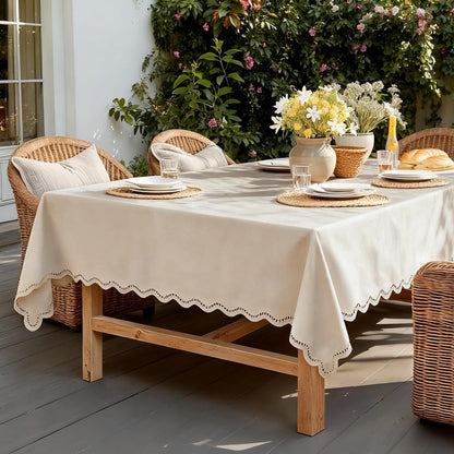 Beige Rectangle Tablecloth Scalloped Cutouts Waterproof Table Cover 55X841