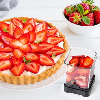 Fruit Slicer Cup for Strawberry, Banana, Hard-Boiled Egg - Detachable Cutter with Push Plate - 304 Stainless Steel Blade - Rapid & Safe Slicing Kitchen Gadget for Quick Meal Prep (Black)8